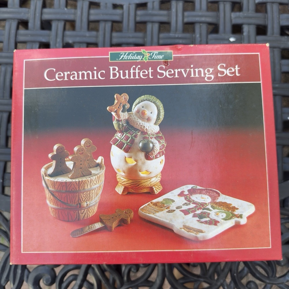 Vtg 90s Christmas Buffet Serving Set Charcuterie Snowman Gingerbread Spreader